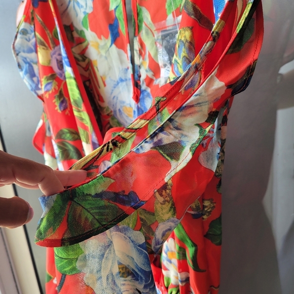NWT Fashion Nova Orange Floral Small Long Sleeve Elastic Waist V Neck Romper - Picture 7 of 13
